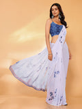 Janasya White Georgette Floral Printed Saree
