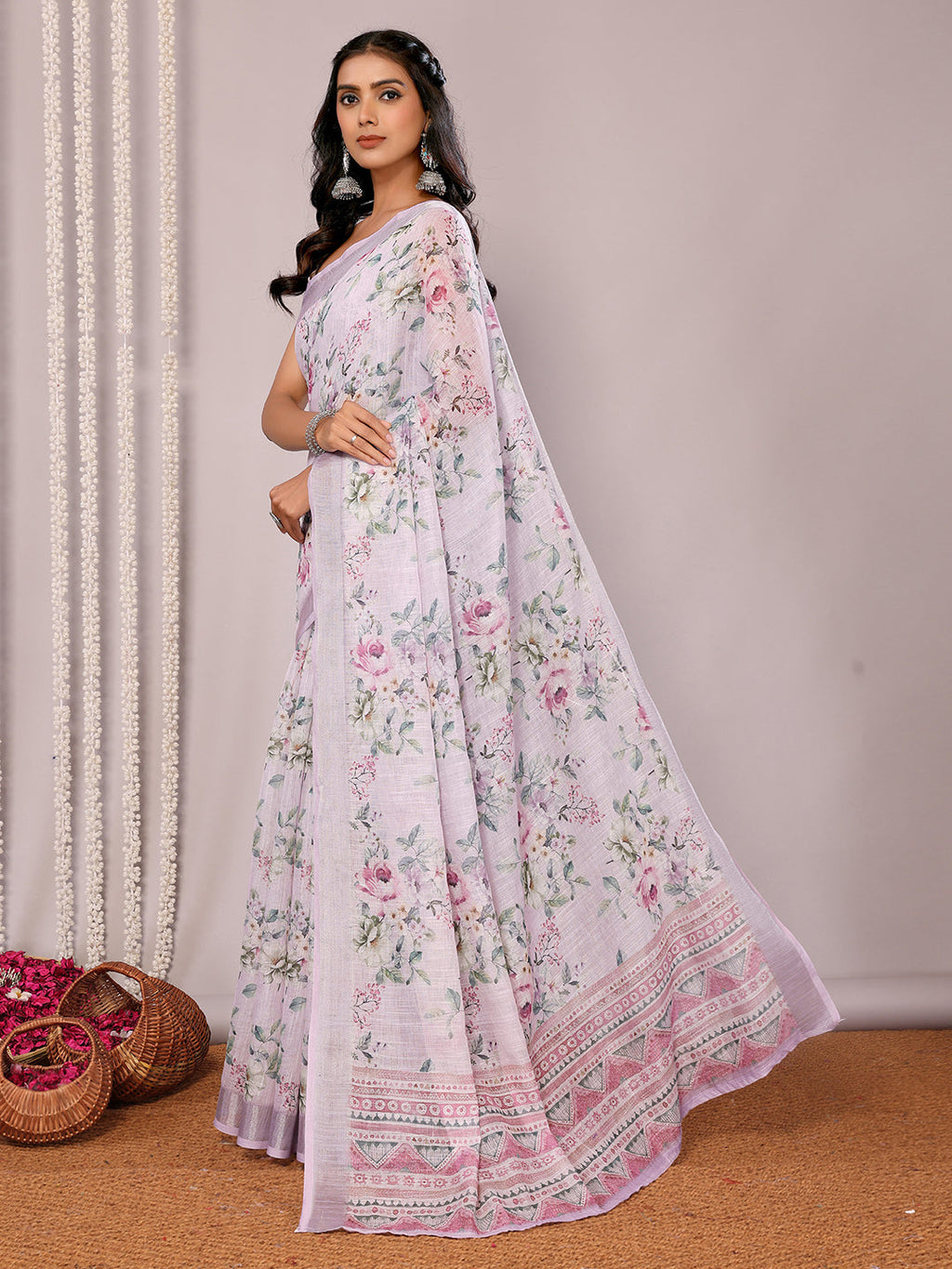 Janasya Lavender Cotton Linen Floral Printed Saree