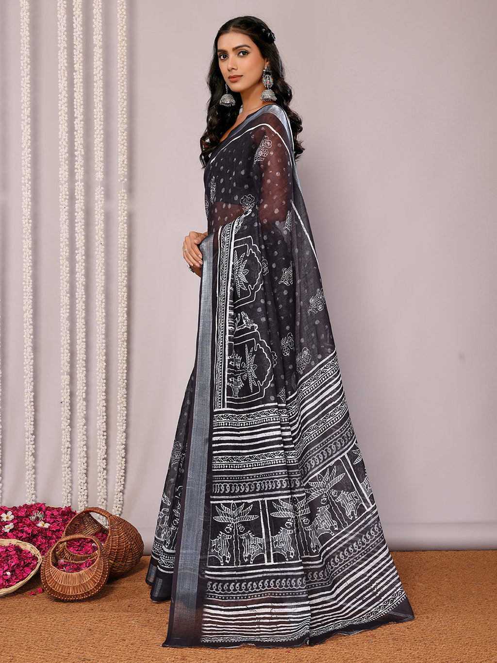 Janasya Black Cotton Linen Polka Printed Saree