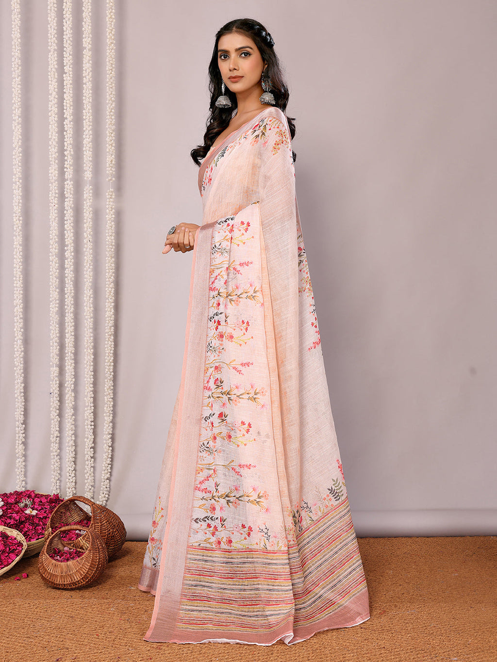 Janasya Peach Cotton Linen Floral Printed Saree