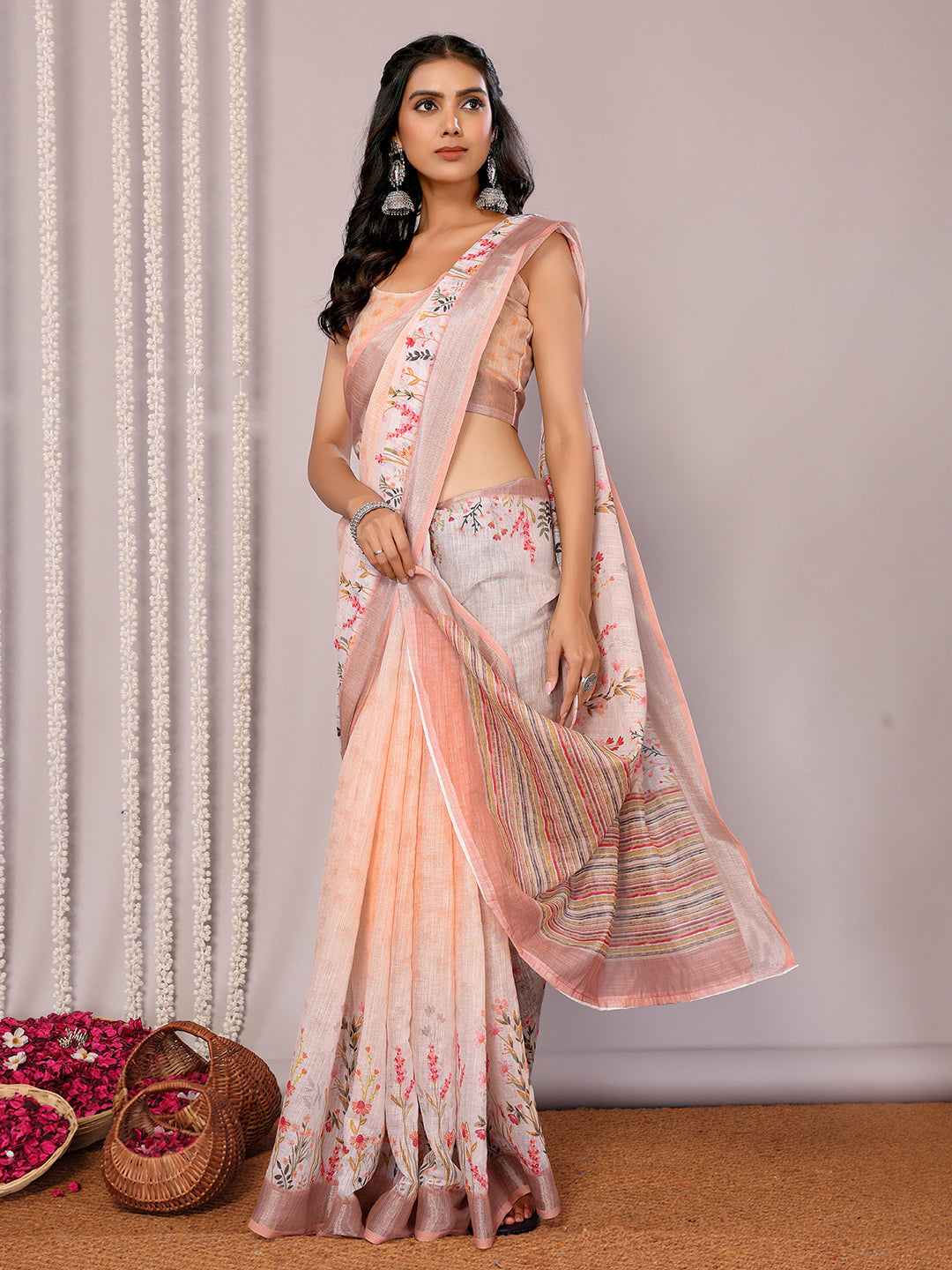 Janasya Peach Cotton Linen Floral Printed Saree