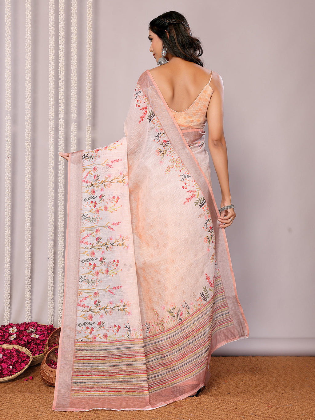 Janasya Peach Cotton Linen Floral Printed Saree