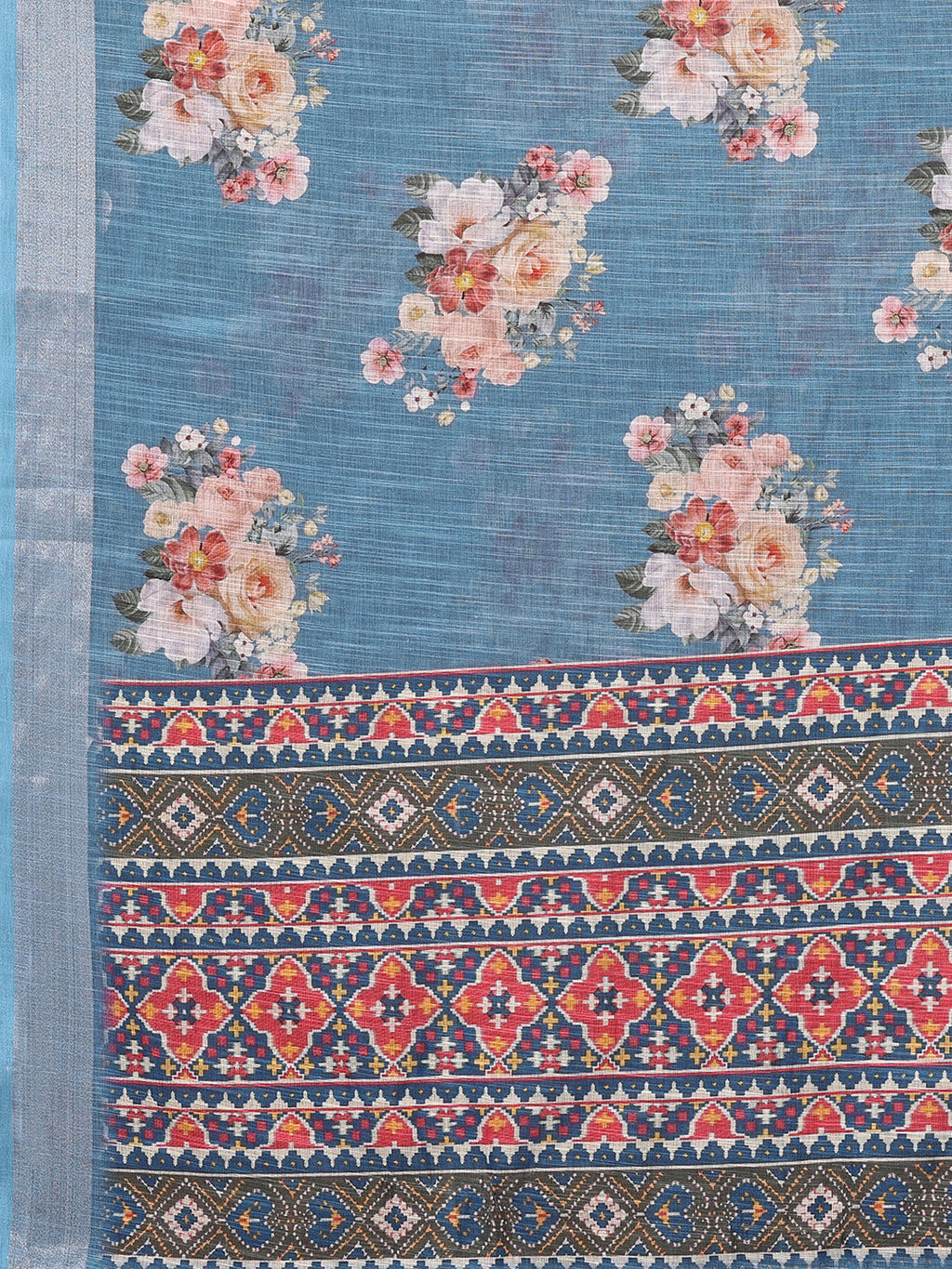 Janasya Blue Cotton Linen Floral Printed Saree