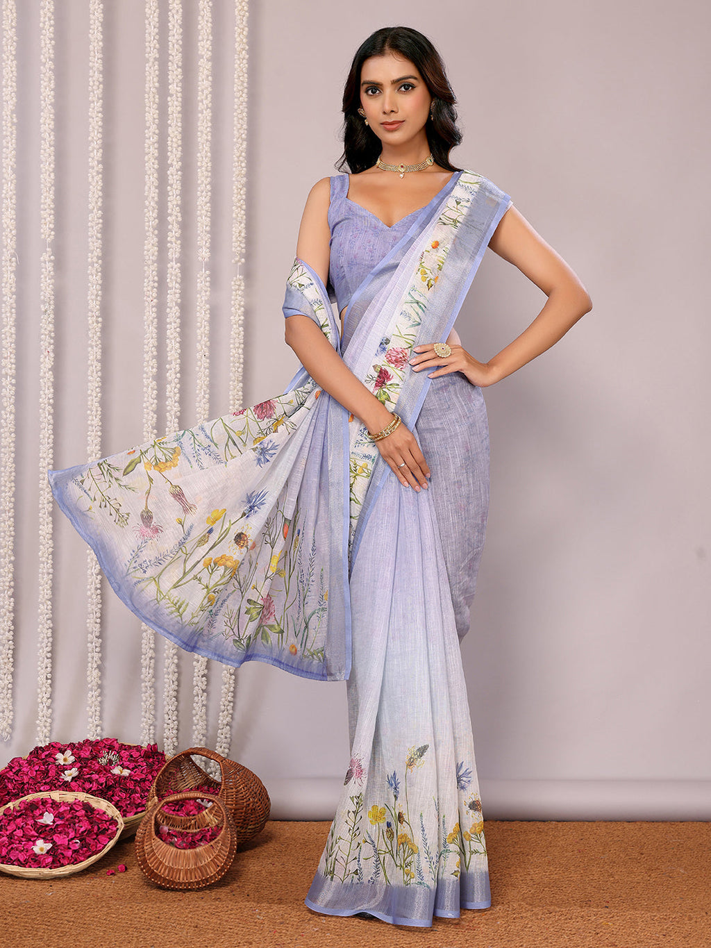 Janasya Lavender Cotton Linen Floral Printed Saree