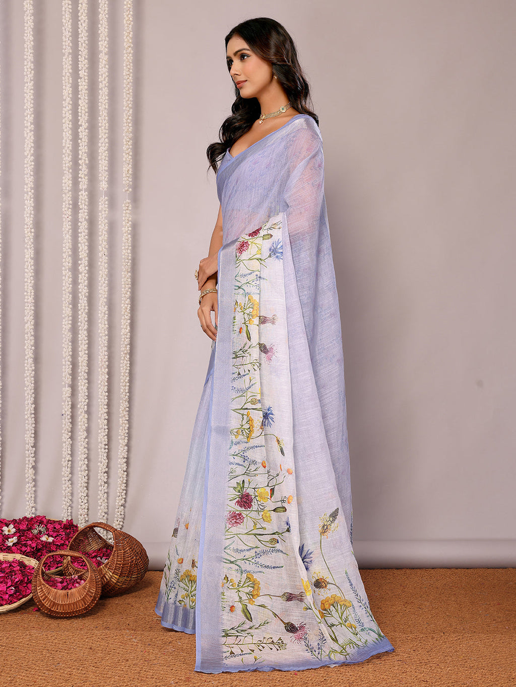 Janasya Lavender Cotton Linen Floral Printed Saree