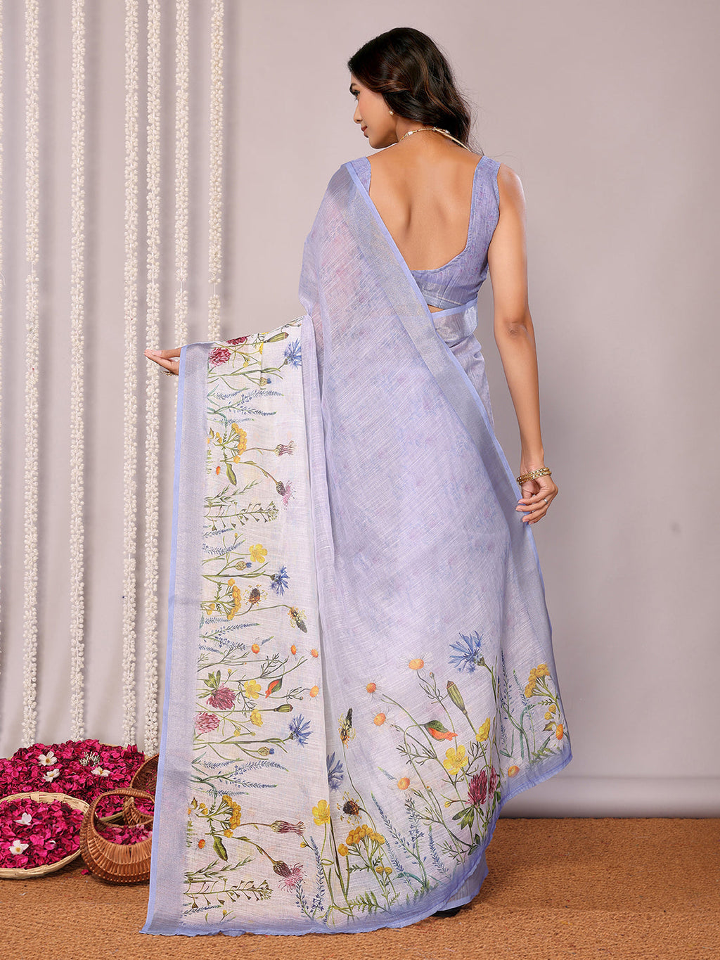 Janasya Lavender Cotton Linen Floral Printed Saree