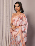 Janasya Peach Cotton Linen Abstract Printed Saree