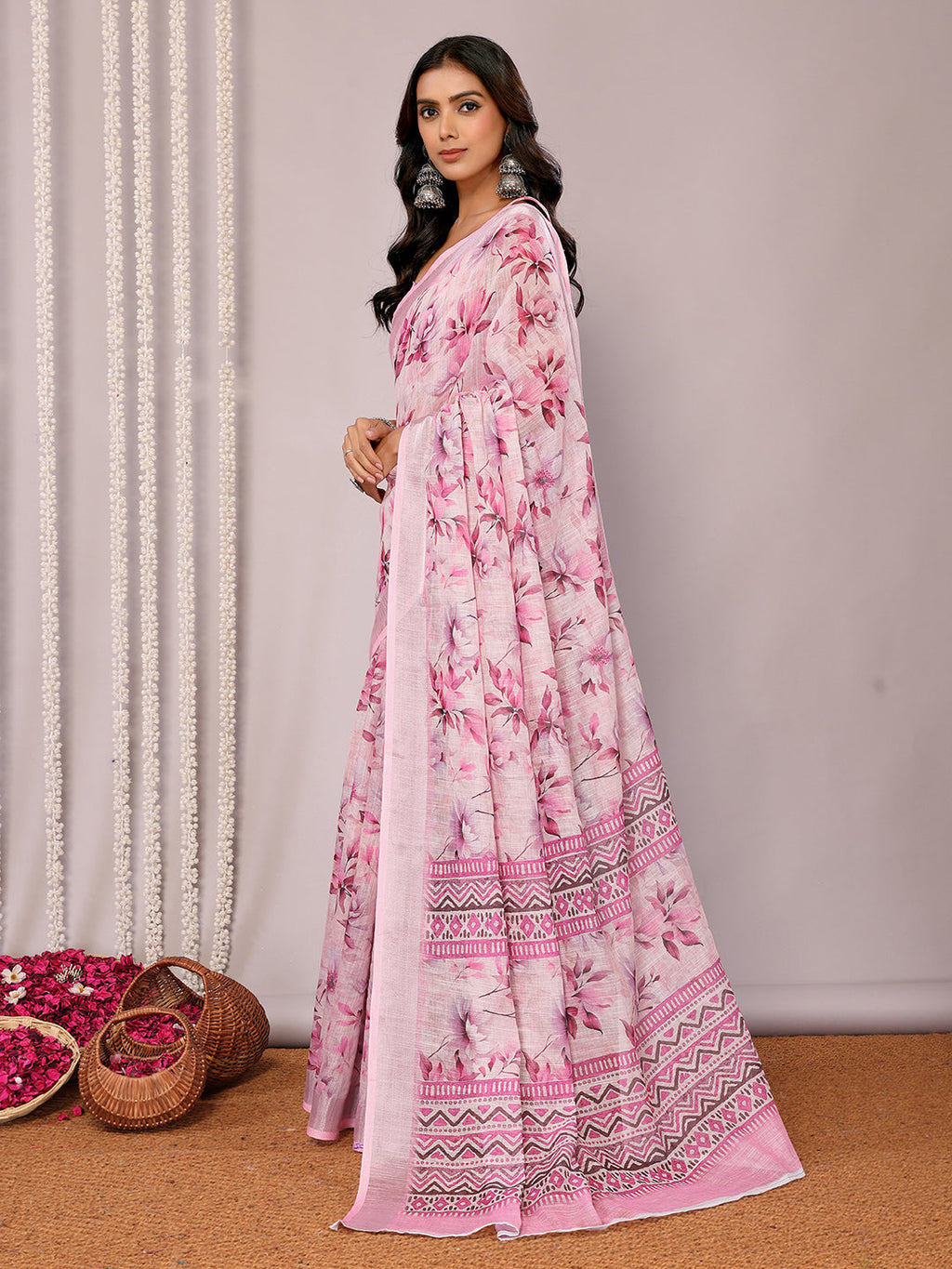 Janasya Pink Cotton Linen Floral Printed Saree