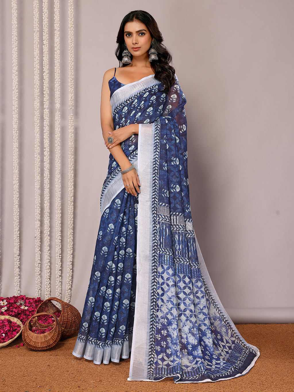 Janasya Navy Blue Cotton Linen Block Print Printed Saree