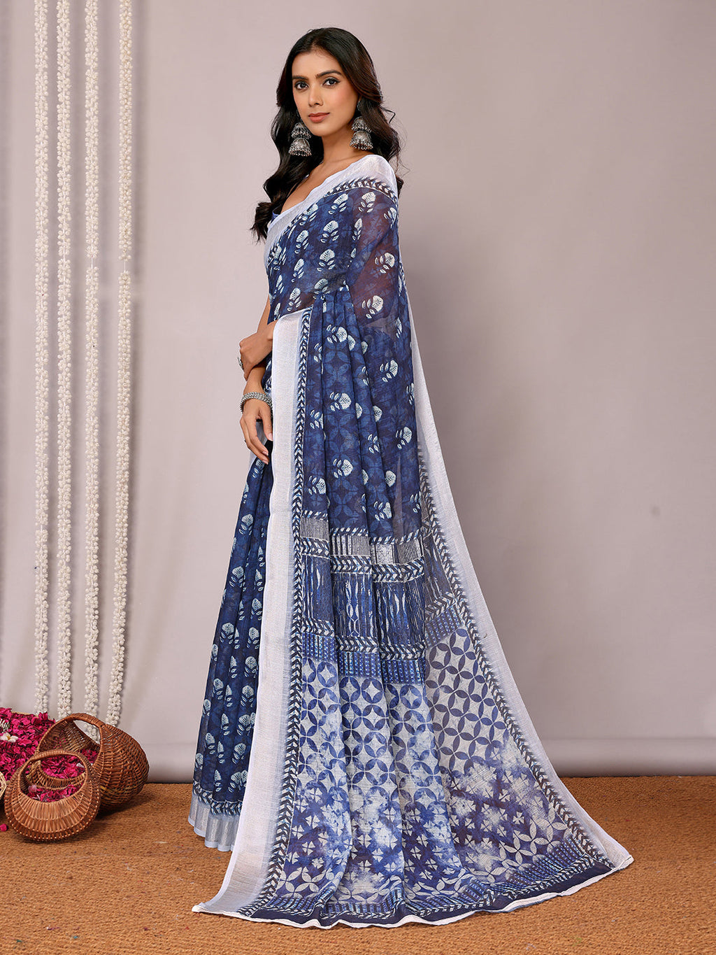 Janasya Navy Blue Cotton Linen Block Print Printed Saree