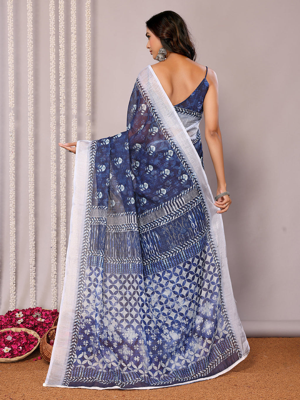 Janasya Navy Blue Cotton Linen Block Print Printed Saree