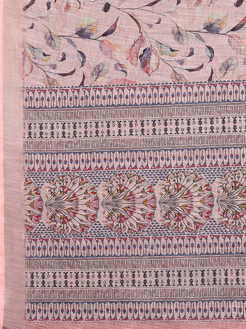 Janasya Light Pink Cotton Linen Floral Printed Saree