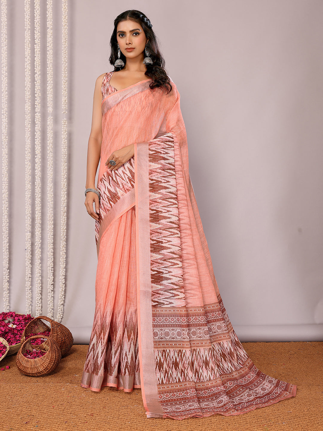 Janasya Peach Cotton Linen Ikkat Printed Saree