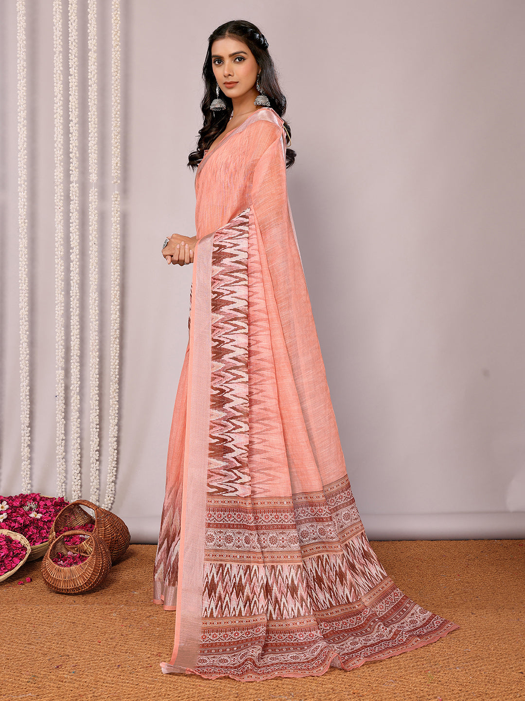 Janasya Peach Cotton Linen Ikkat Printed Saree