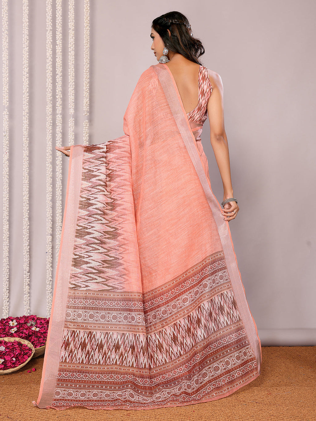 Janasya Peach Cotton Linen Ikkat Printed Saree