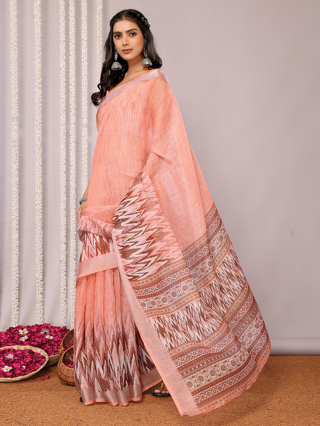 Janasya Peach Cotton Linen Ikkat Printed Saree