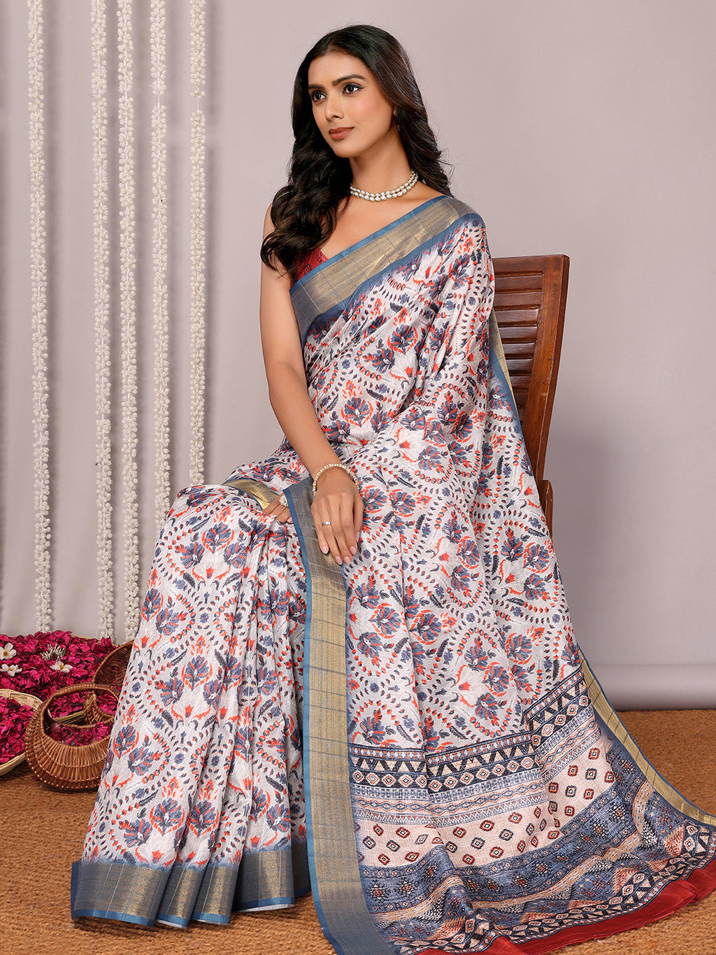 Janasya Light Blue Chanderi Silk Ethnic Print Printed Saree