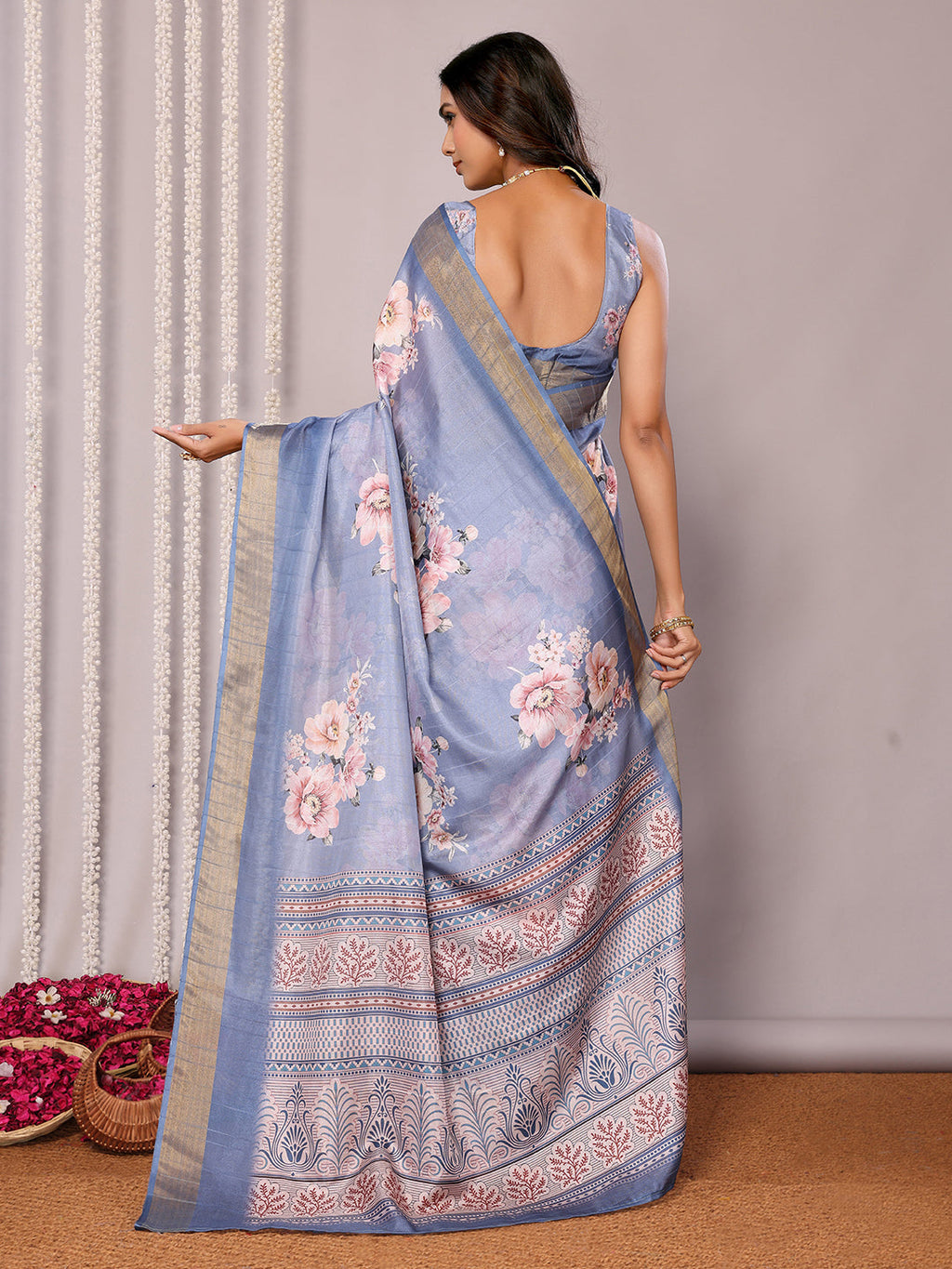 Janasya Blue Chanderi Silk Floral Printed Saree