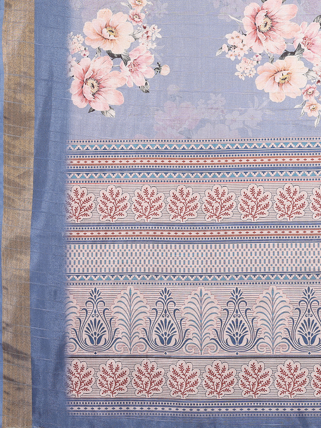 Janasya Blue Chanderi Silk Floral Printed Saree