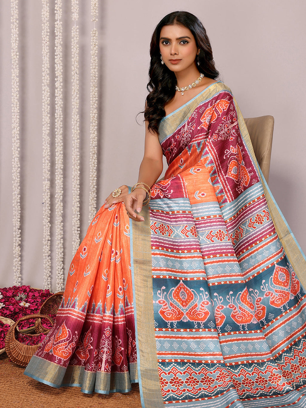 Janasya Orange Chanderi Silk Ikkat Printed Saree