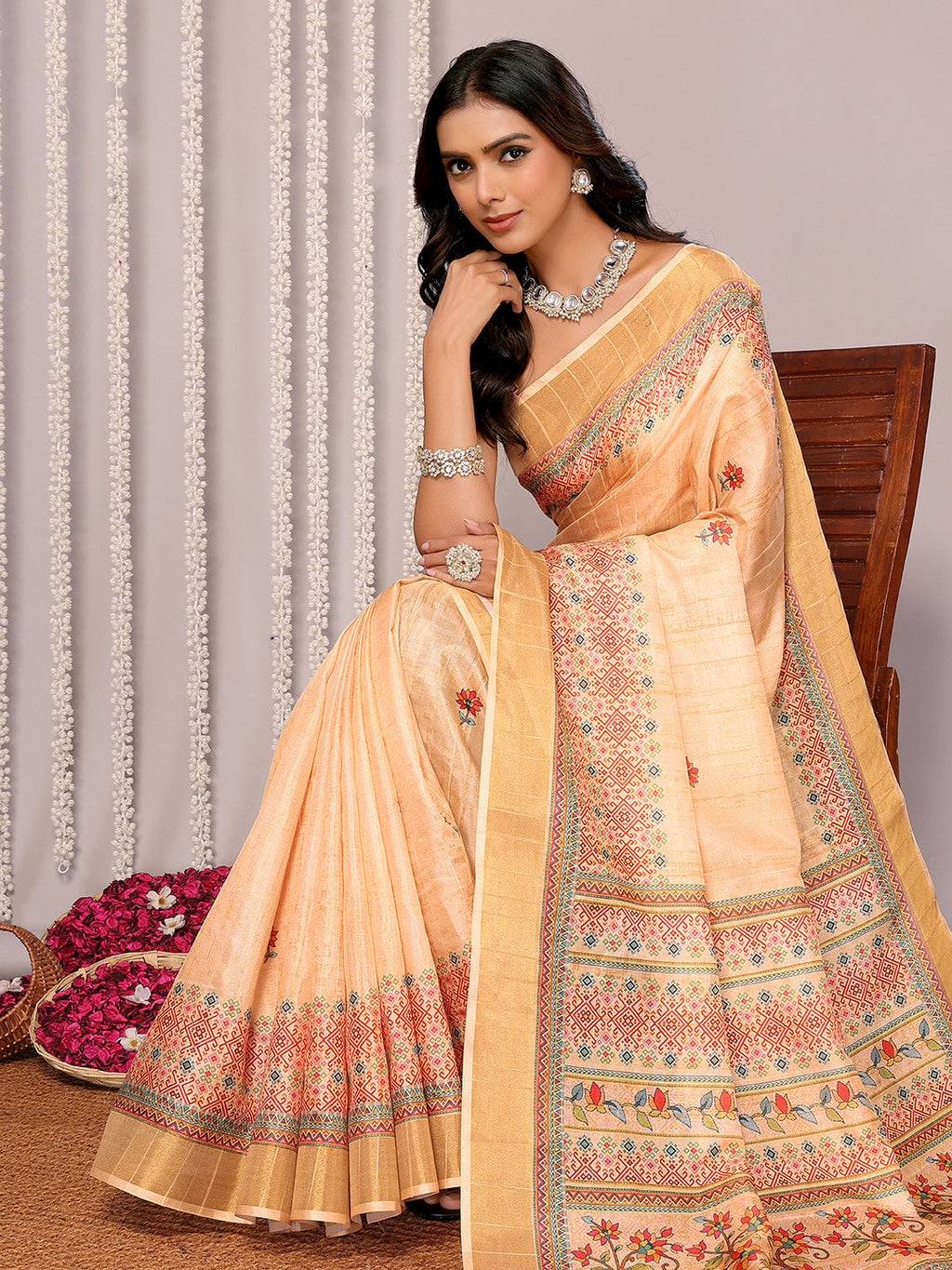 Janasya Beige Chanderi Silk Floral Printed Saree