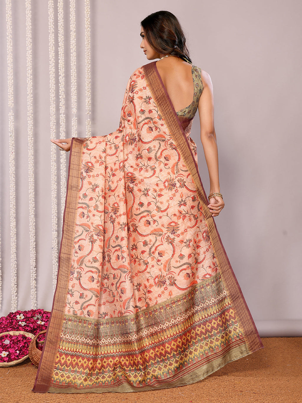 Janasya Peach Chanderi Silk Floral Printed Saree