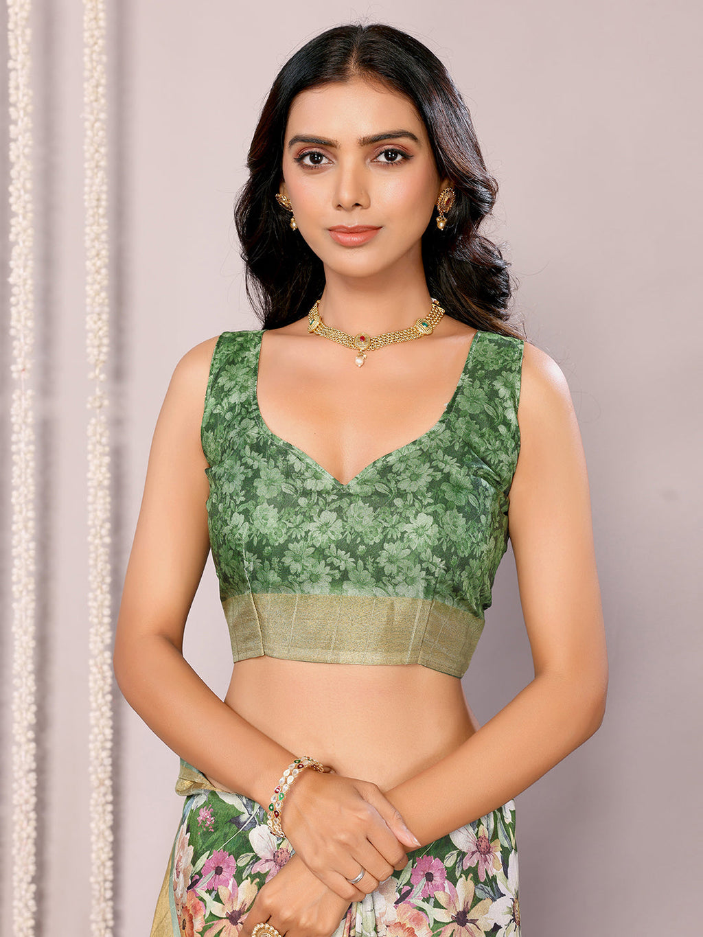 Janasya Green Chanderi Silk Floral Printed Saree