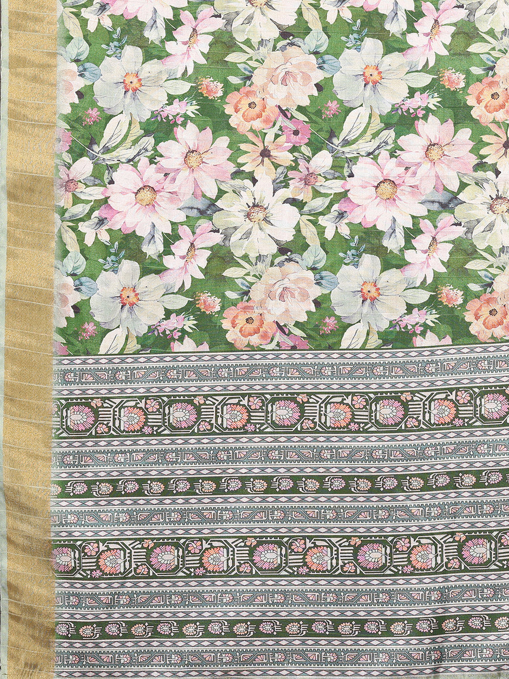 Janasya Green Chanderi Silk Floral Printed Saree