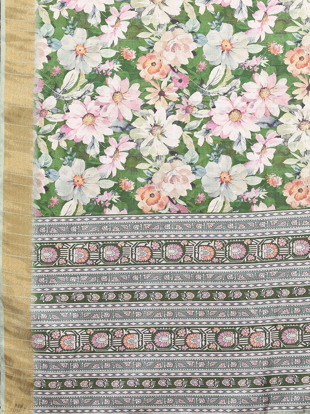 Janasya Green Chanderi Silk Floral Printed Saree