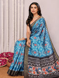 Janasya Blue Chanderi Silk Ikkat Printed Saree