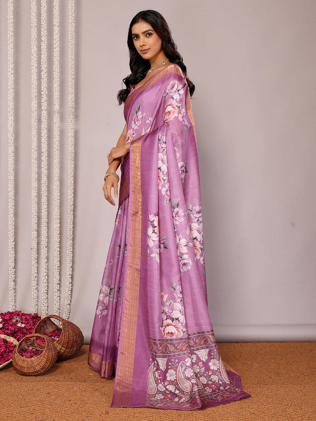 Janasya Purple Chanderi Silk Floral Printed Saree