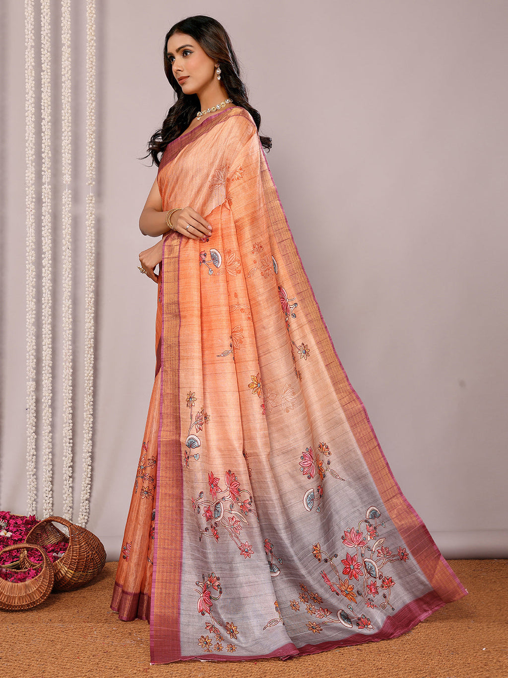 Janasya Beige Chanderi Silk Floral Printed Saree