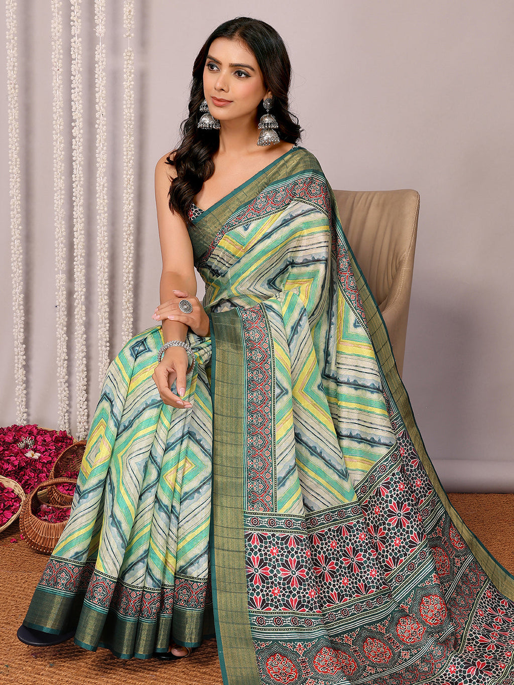 Janasya Green Chanderi Silk Chevron Printed Saree