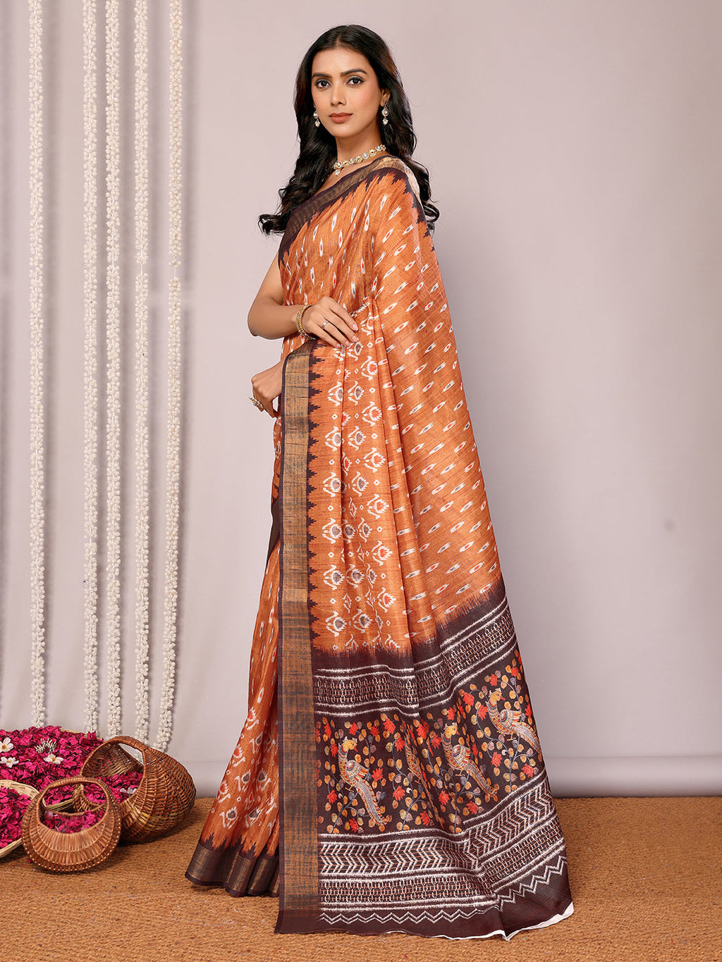 Janasya Orange Chanderi Silk Ikkat Printed Saree