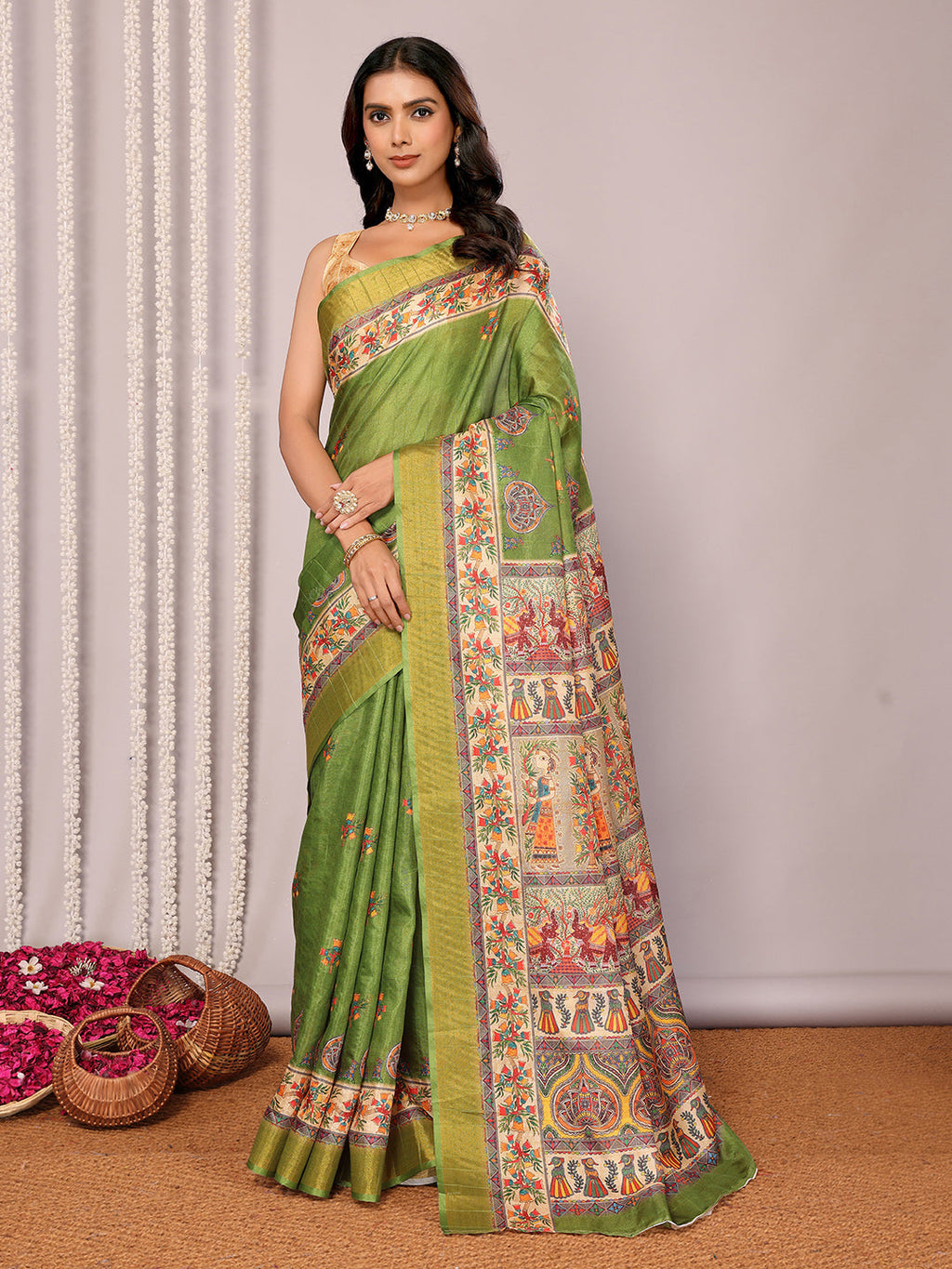 Janasya Green Chanderi Silk Kalamkari Printed Saree