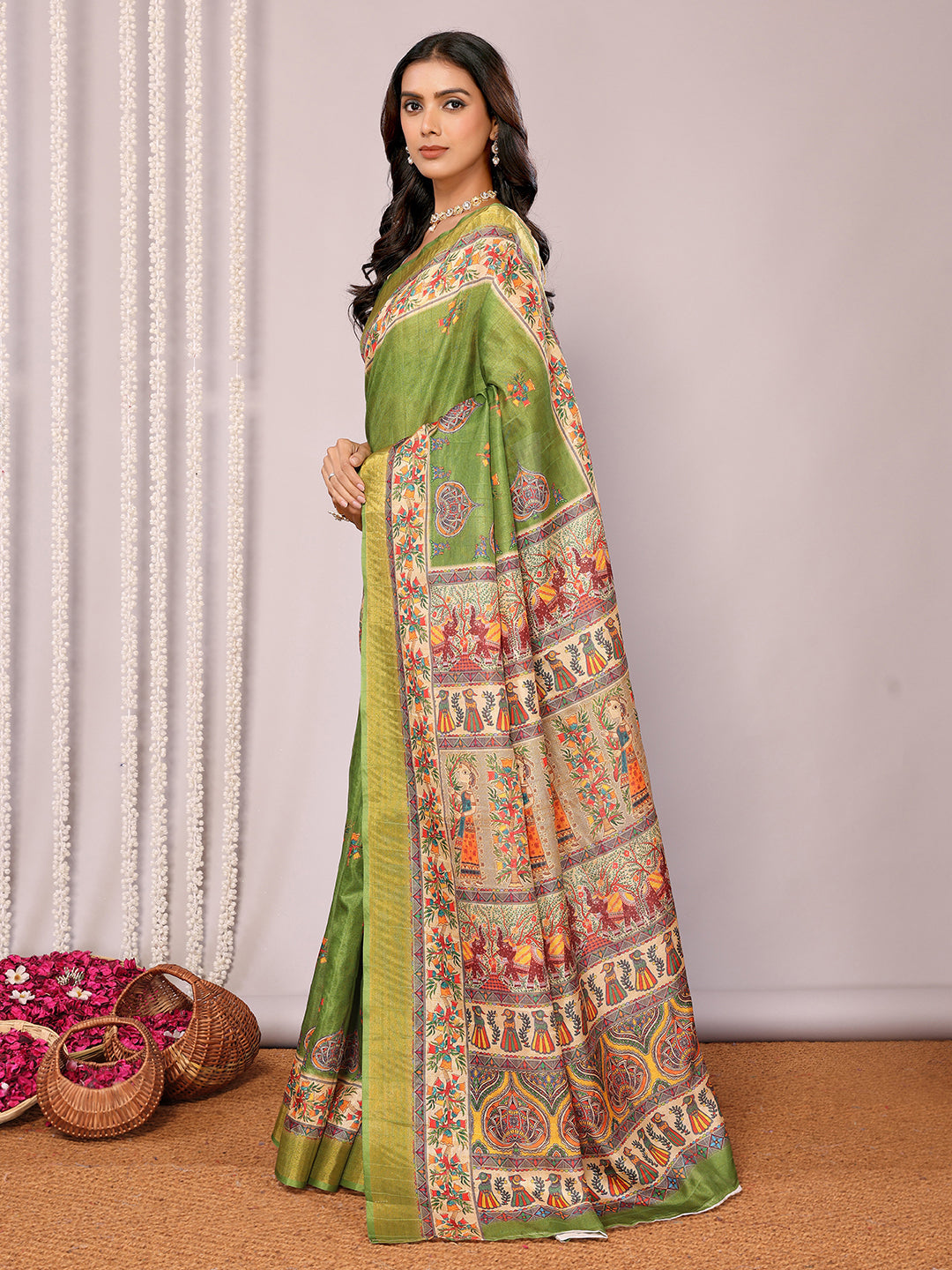 Janasya Green Chanderi Silk Kalamkari Printed Saree