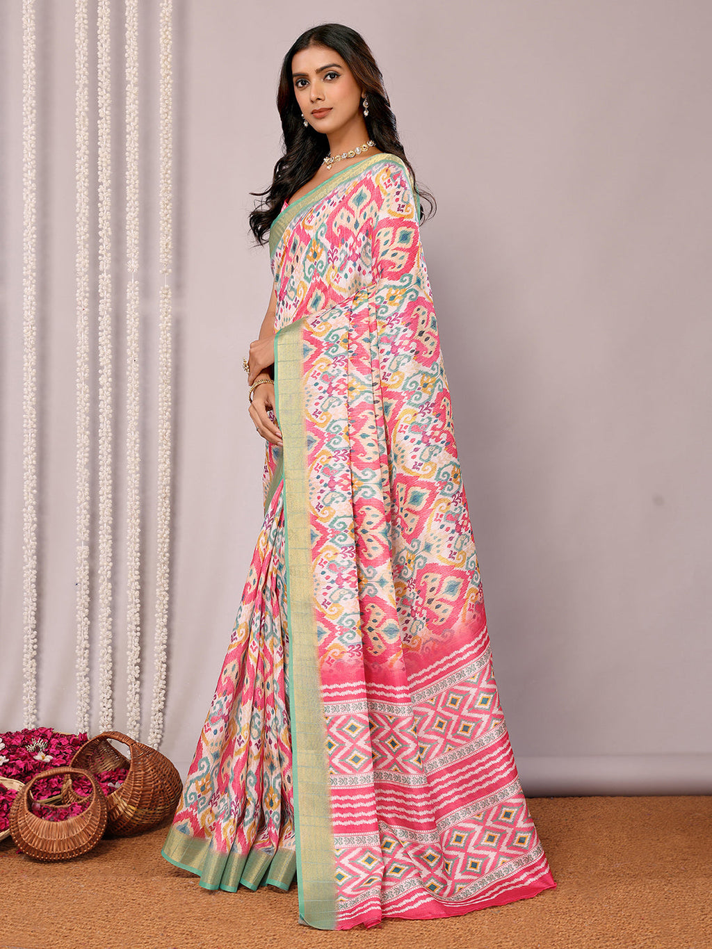 Janasya Pink Chanderi Silk Ikkat Printed Saree