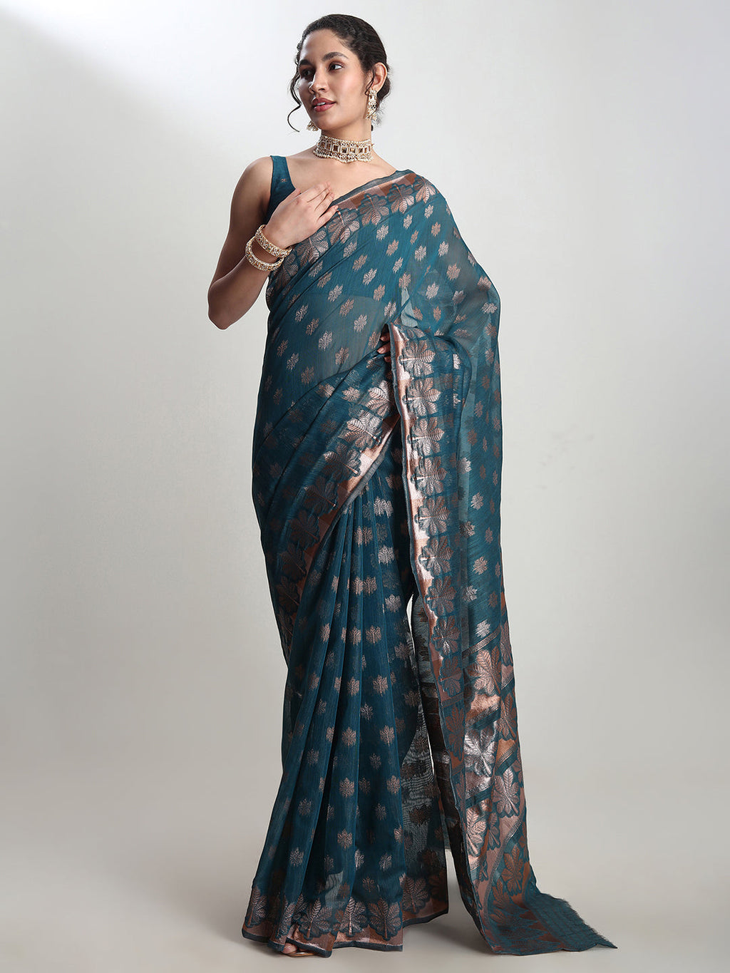 Janasya Teal Blue Linen Blend Floral Jacquard Saree