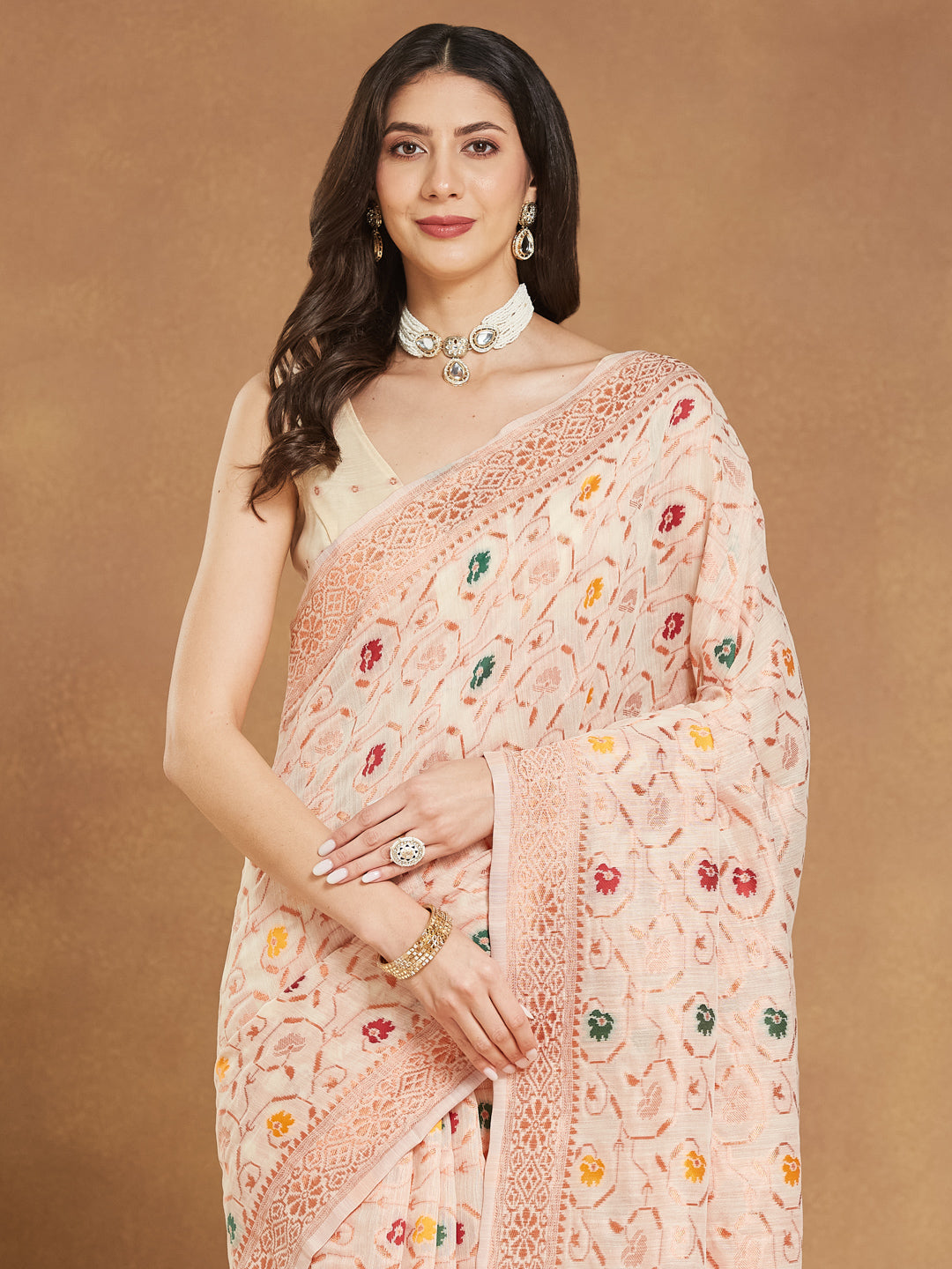 Janasya Light Peach Linen Blend Patola Jacquard Saree