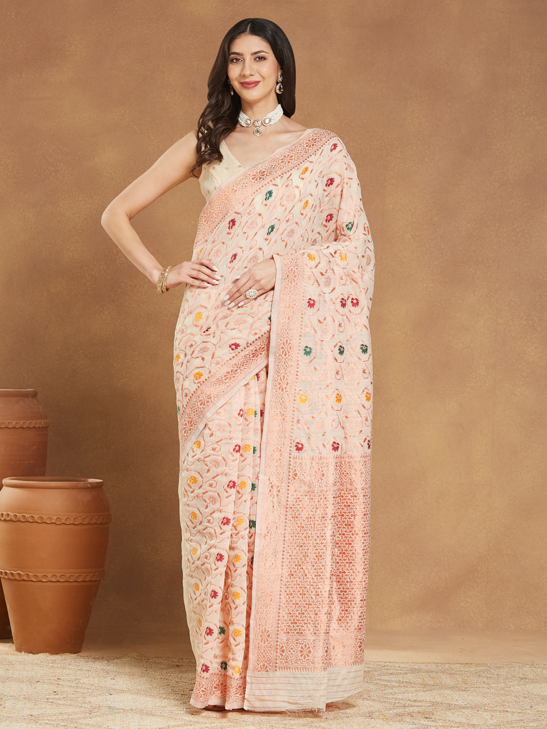 Janasya Light Peach Linen Blend Patola Jacquard Saree