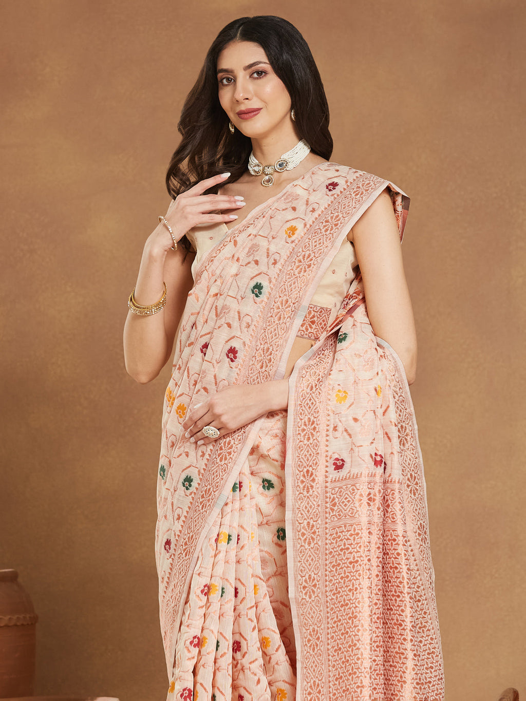 Janasya Light Peach Linen Blend Patola Jacquard Saree