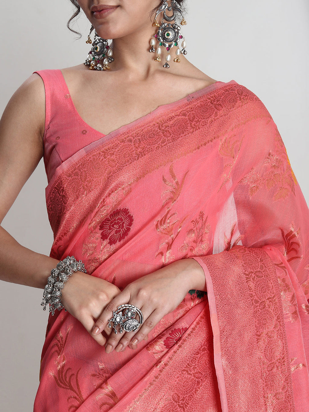 Janasya Peach Linen Blend Floral Jacquard Saree