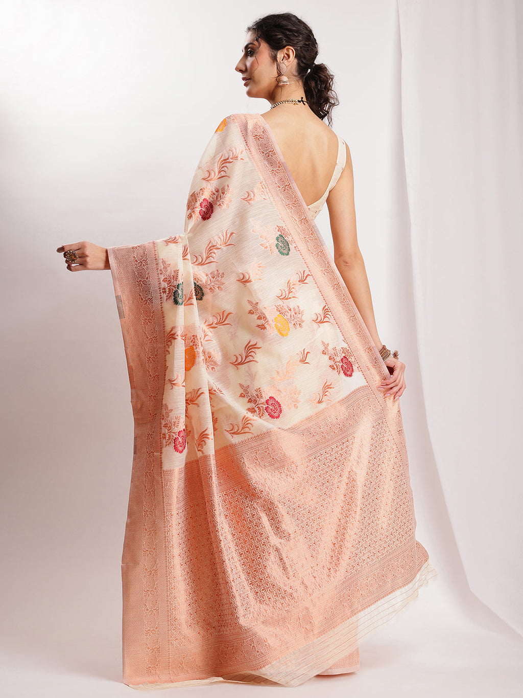 Janasya Orange Linen Blend Floral Jacquard Saree