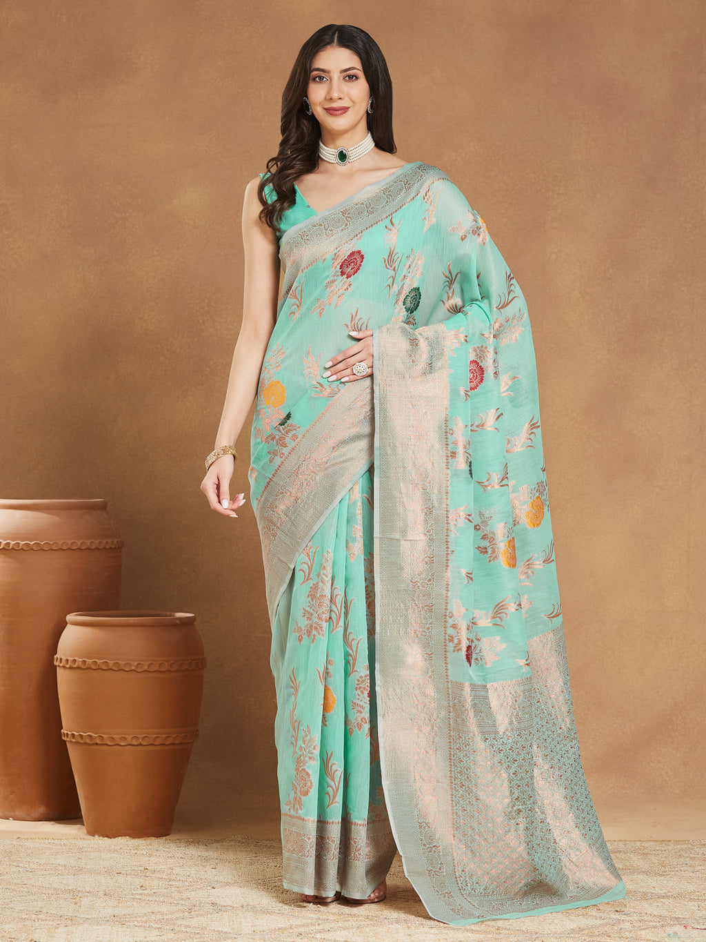 Janasya Sea Blue Linen Blend Floral Jacquard Saree