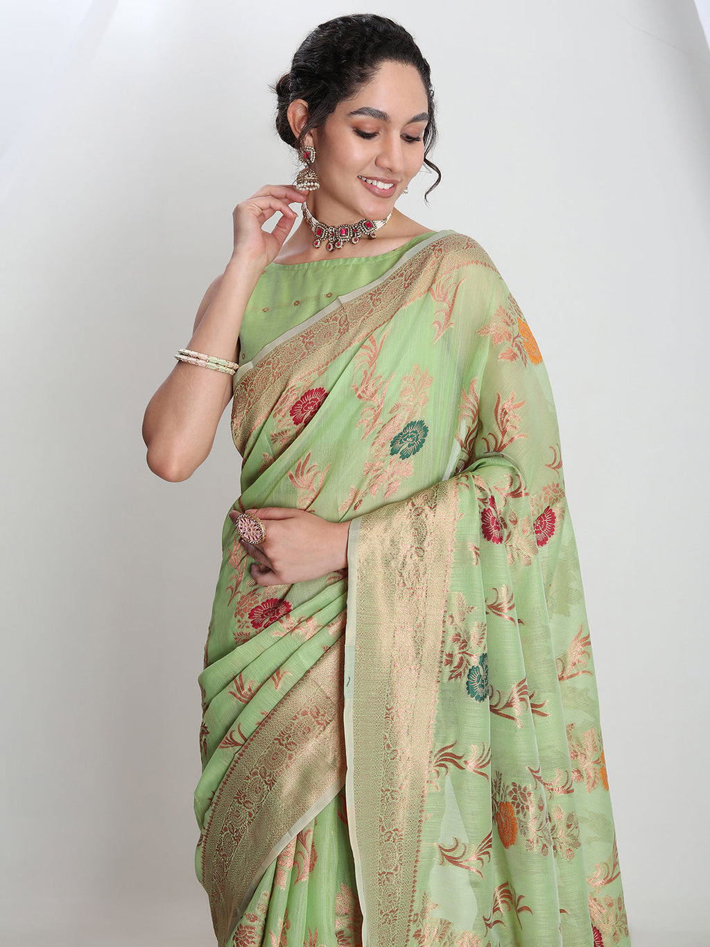 Janasya Light Green Linen Blend Floral Jacquard Saree