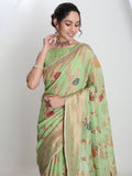 Janasya Light Green Linen Blend Floral Jacquard Saree