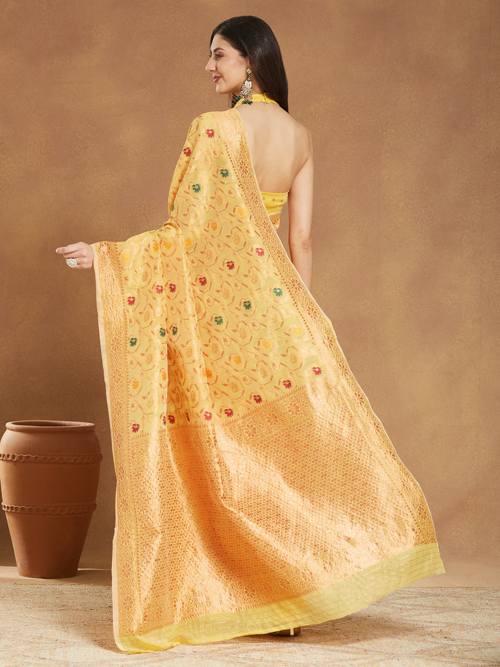 Janasya Yellow Linen Blend Patola Jacquard Saree