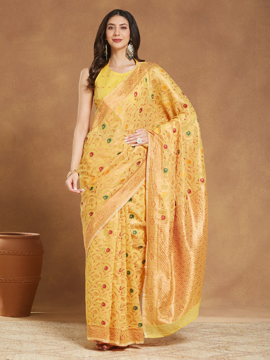Janasya Yellow Linen Blend Patola Jacquard Saree