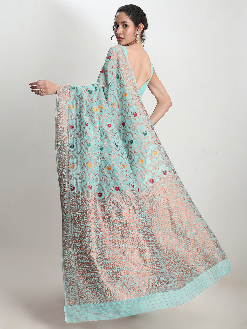 Janasya Sea Green Linen Blend Floral Jacquard Saree