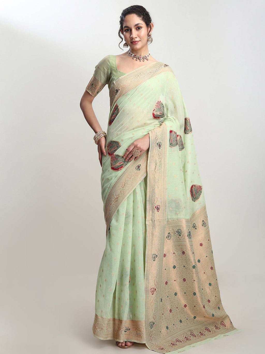 Janasya Light Green Linen Blend Kalamkari Jacquard Saree